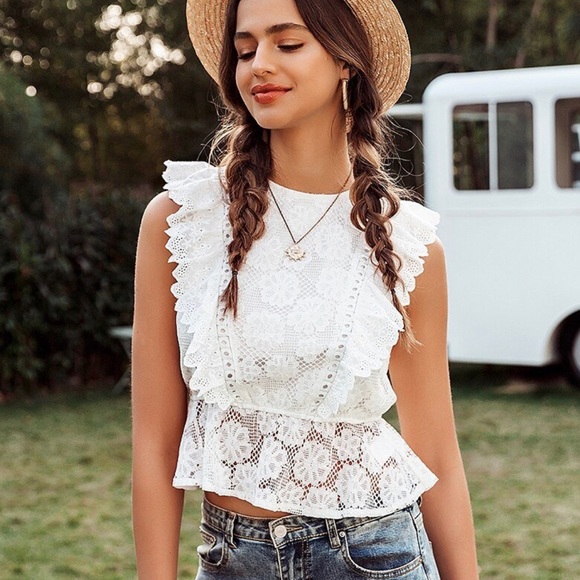 simplee Tops - Simplee Lace Embroidery Ruffle Peplum Top